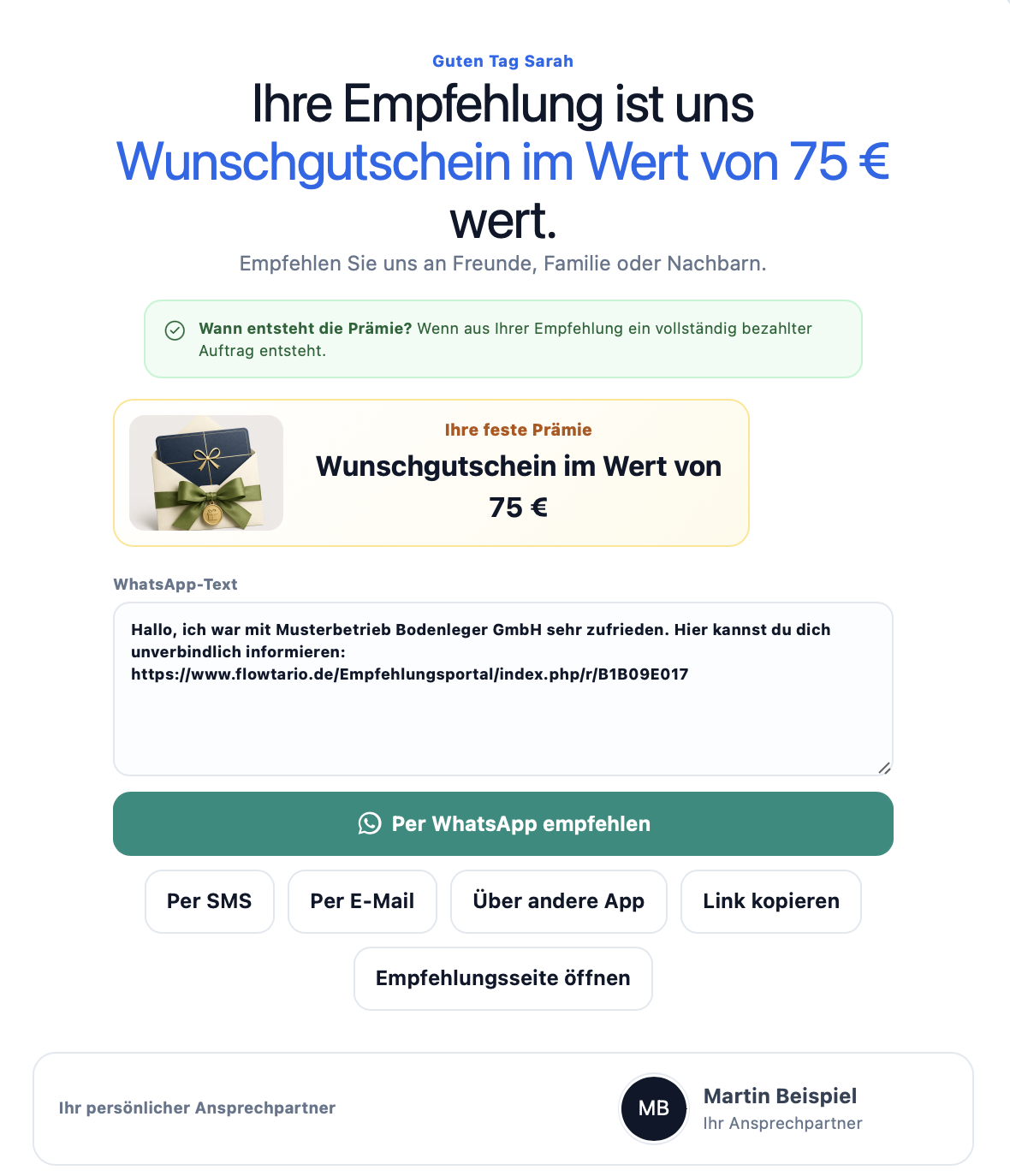 Echter persönlicher Empfehlungszugang mit Gutschein, bearbeitbarem WhatsApp-Text und mehreren Möglichkeiten zum Teilen