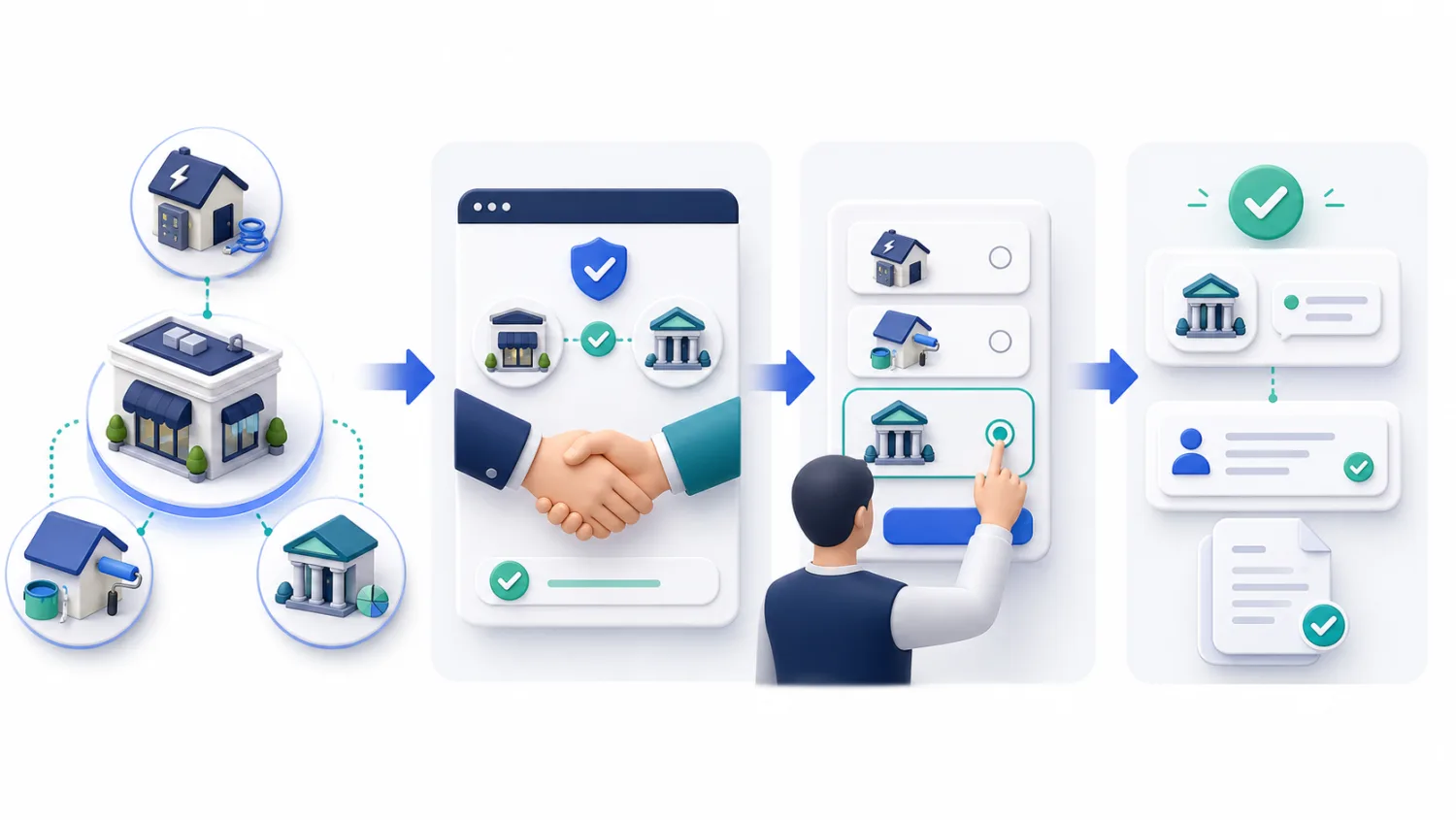 Schematischer Ablauf einer Firmenempfehlung: Firmen finden sich im Netzwerk, vereinbaren die Zusammenarbeit, ein Kunde wählt einen passenden Partner und die Vermittlung wird dokumentiert.