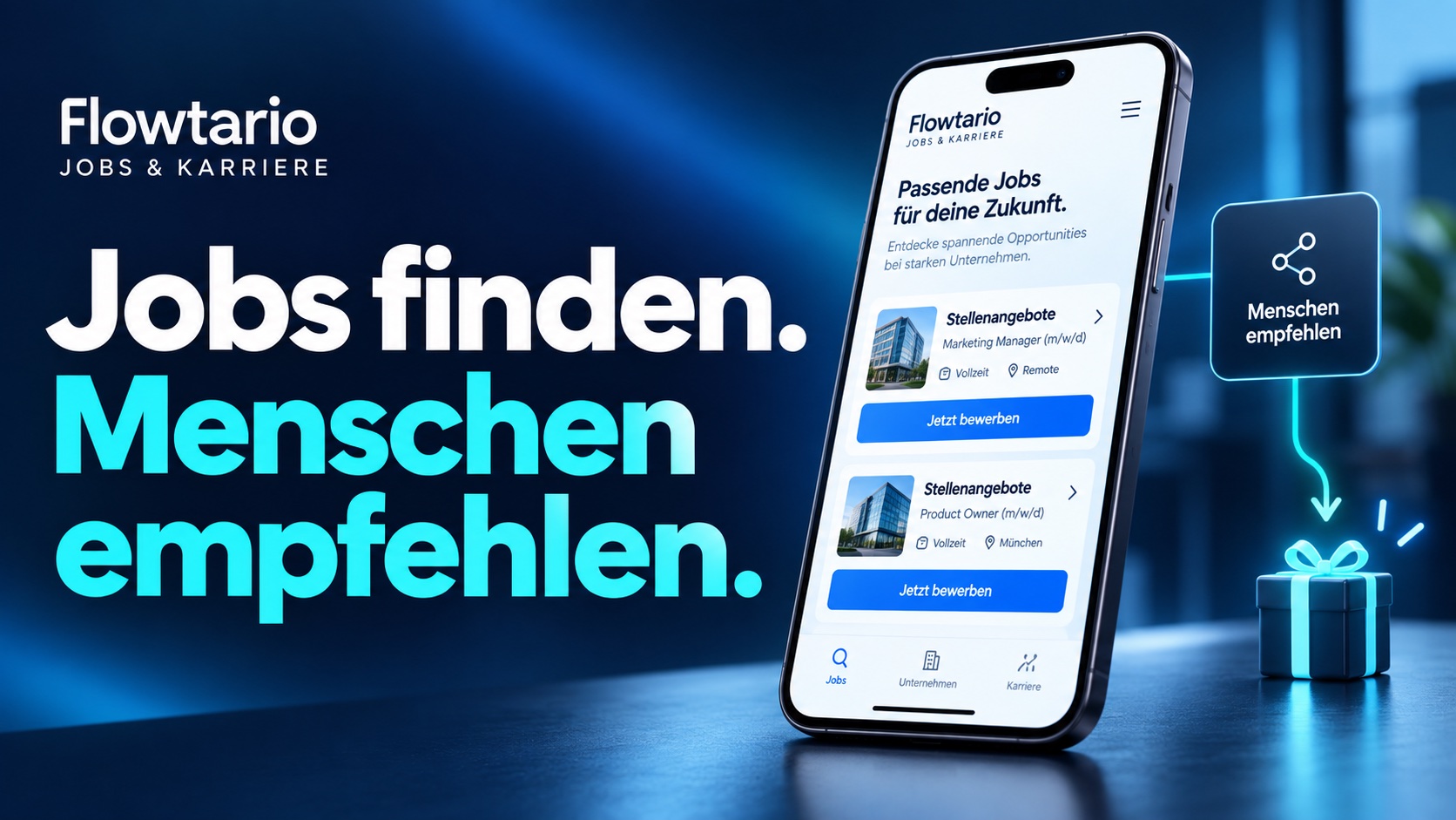 Flowtario Jobs & Karriere: Jobs finden. Menschen empfehlen. Smartphone-Darstellung und Empfehlungsprämie.