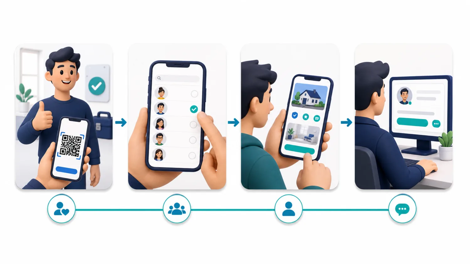 Schematischer Ablauf einer Kundenempfehlung: Der Kunde scannt seinen QR-Code, wählt selbst Kontakte aus, ein Interessent öffnet die Empfehlungsseite und sendet freiwillig eine Anfrage.