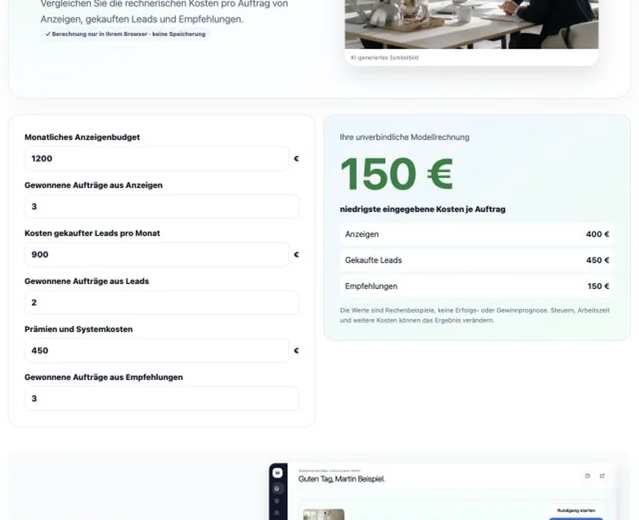 Vorschau des Flowtario-Werbekosten-Vergleichs für Anzeigen, gekaufte Leads und Empfehlungen
