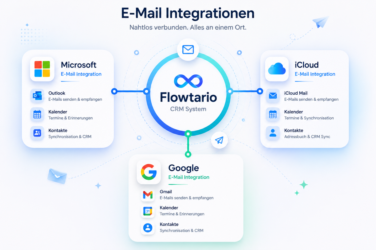 Flowtario E-Mail Integrationen mit Google, Microsoft und iCloud