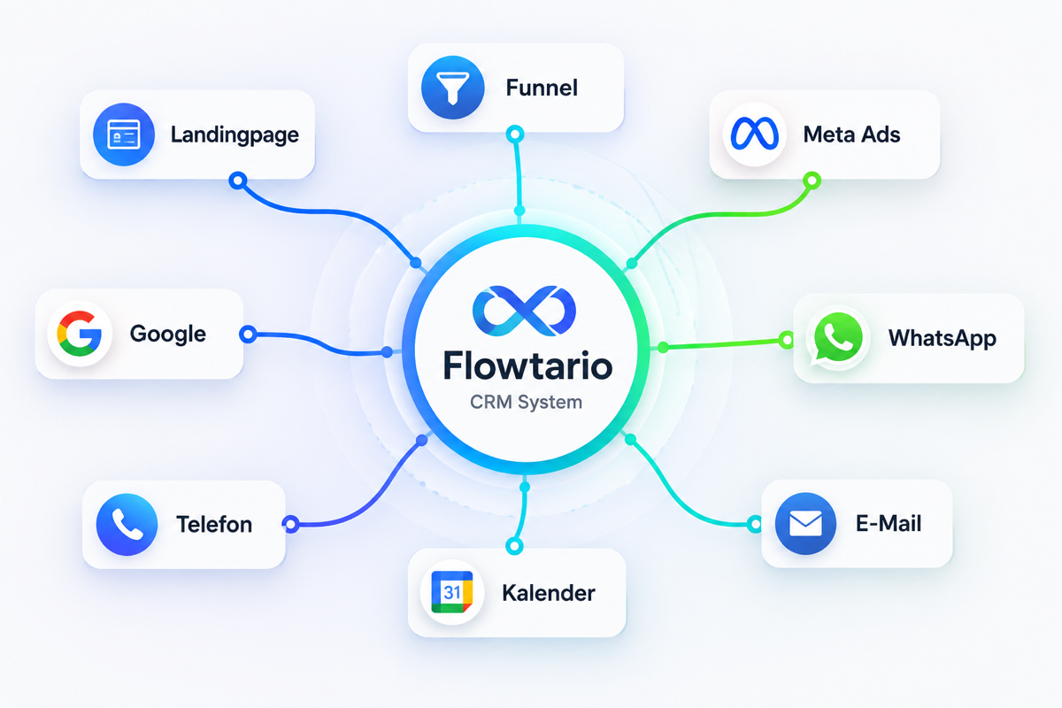 Flowtario verbindet Anfragequellen wie Landingpage, Funnel, Meta Ads, WhatsApp, E-Mail, Telefon und Kalender