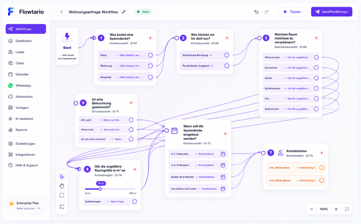 Flowtario Workflow-Builder mit verzweigten Fragen, Schieberegler und Kontaktdaten-Übergabe an CRM-Felder